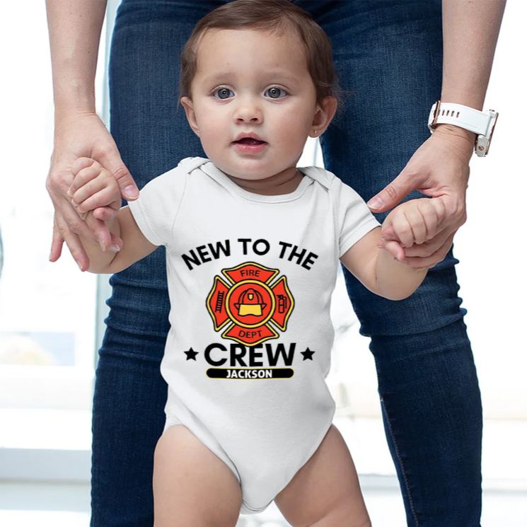 Personalized Firefighter Crew Baby Bodysuit with Custom Name and Bold New to the Crew Emblem for Little Heroes Baby Bodysuit