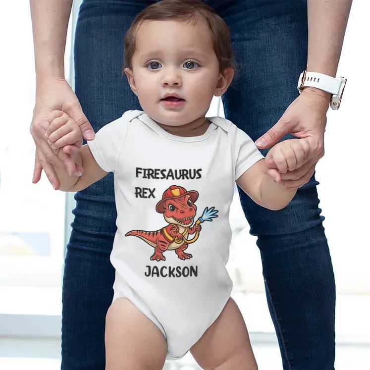 Personalized Dinosaur Firefighter Baby Bodysuit with Cute Firesaurus Rex Graphic and Custom Name for Little Heroes Baby Bodysuit