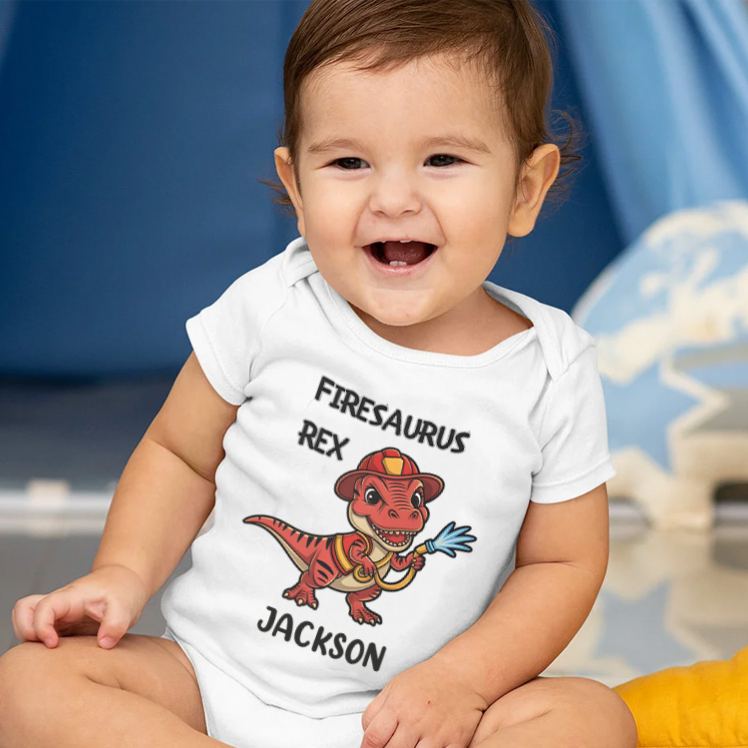 Personalized Dinosaur Firefighter Baby Bodysuit with Cute Firesaurus Rex Graphic and Custom Name for Little Heroes Baby Bodysuit