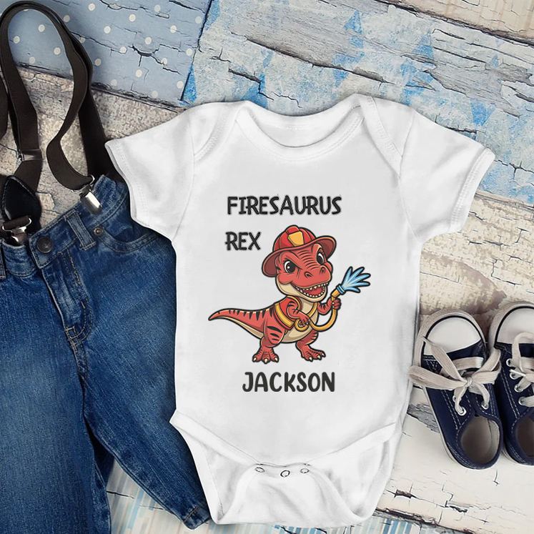 Personalized Dinosaur Firefighter Baby Bodysuit with Cute Firesaurus Rex Graphic and Custom Name for Little Heroes Baby Bodysuit