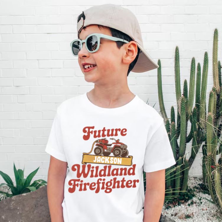 Personalized Wildland Firefighter Inspired Kids T-Shirt with Custom Name and Bold Future Firefighter Graphic Kids T-Shirt