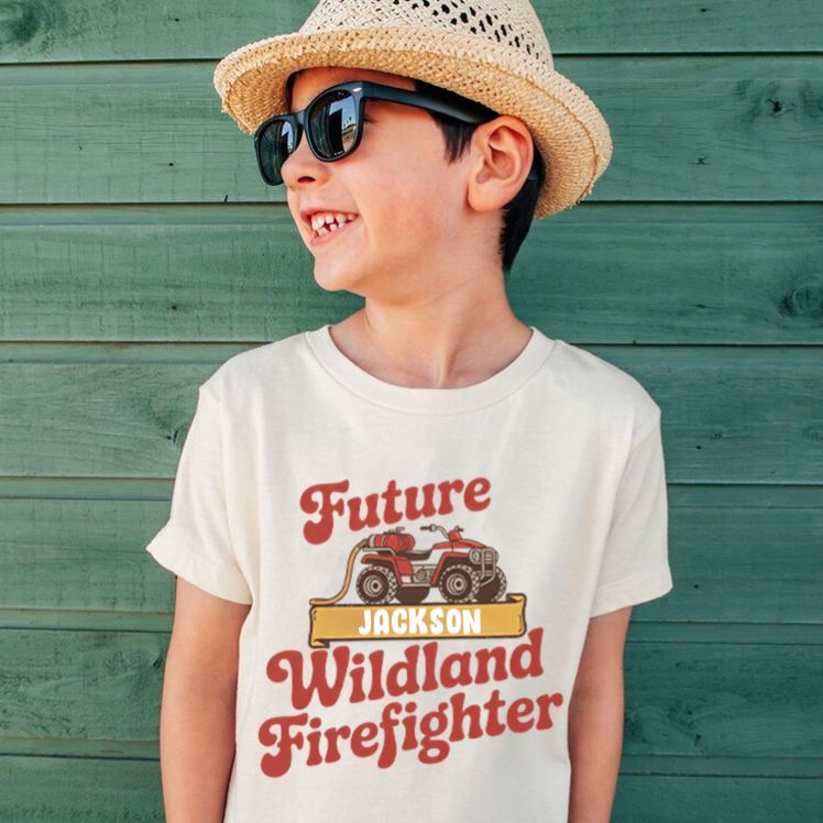 Personalized Wildland Firefighter Inspired Kids T-Shirt with Custom Name and Bold Future Firefighter Graphic Kids T-Shirt