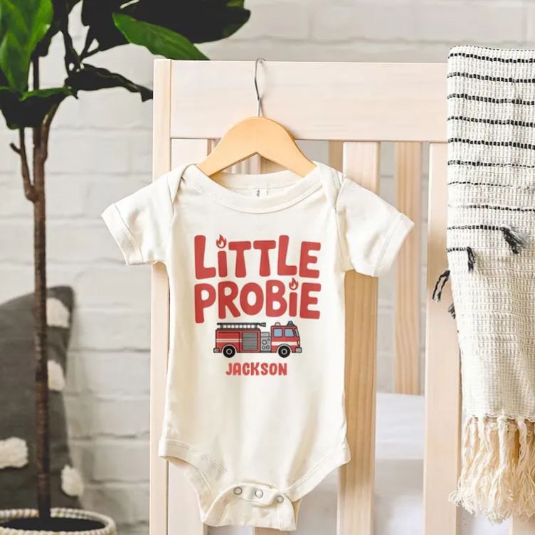 Personalized Firefighter Inspired Baby Bodysuit with Cute Little Probie Text and Adorable Fire Truck Graphic Baby Bodysuit