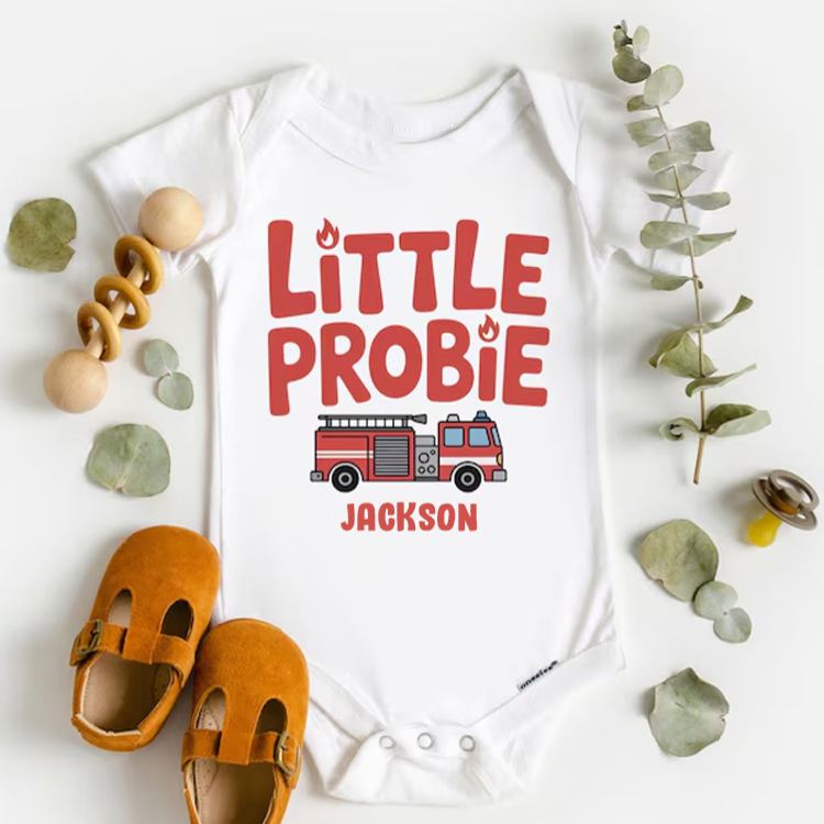 Personalized Firefighter Inspired Baby Bodysuit with Cute Little Probie Text and Adorable Fire Truck Graphic Baby Bodysuit