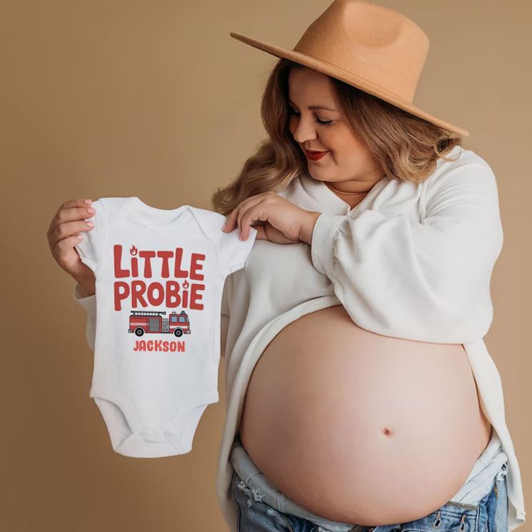 Personalized Firefighter Inspired Baby Bodysuit with Cute Little Probie Text and Adorable Fire Truck Graphic Baby Bodysuit