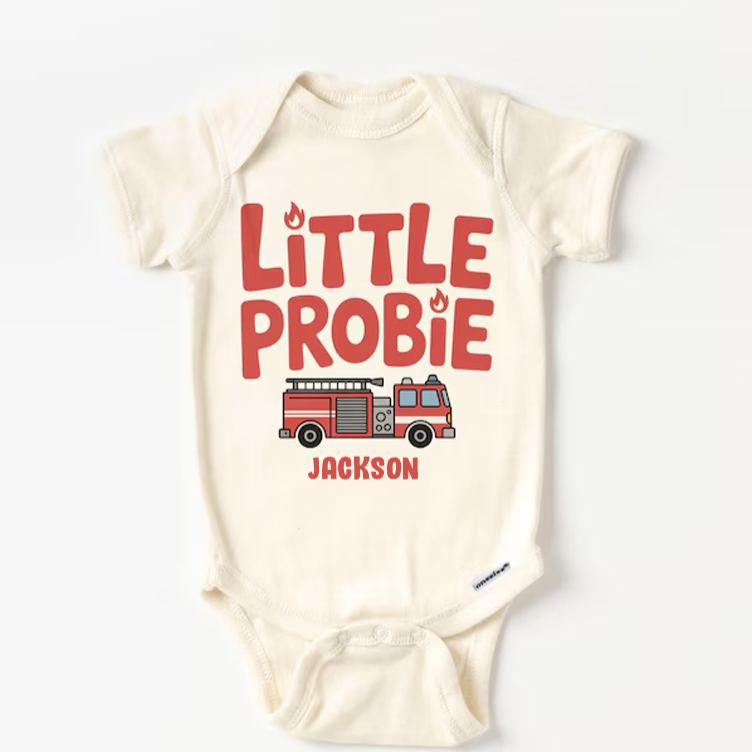 Personalized Firefighter Inspired Baby Bodysuit with Cute Little Probie Text and Adorable Fire Truck Graphic Baby Bodysuit