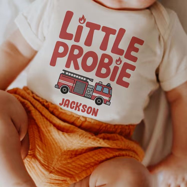 Personalized Firefighter Inspired Baby Bodysuit with Cute Little Probie Text and Adorable Fire Truck Graphic Baby Bodysuit