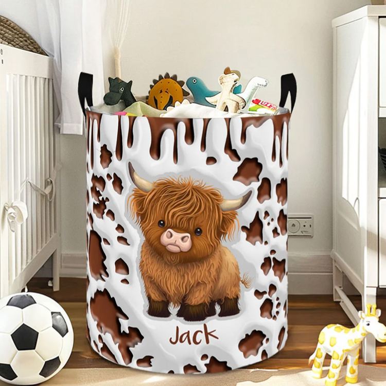 Personalized Cute Highland Cow Waterproof Laundry Storage Basket with Name and Handle Nursery Decor Birthday Housewarming Gift for Kids Family