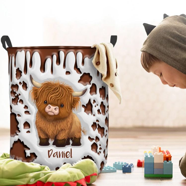 Personalized Cute Highland Cow Waterproof Laundry Storage Basket with Name and Handle Nursery Decor Birthday Housewarming Gift for Kids Family