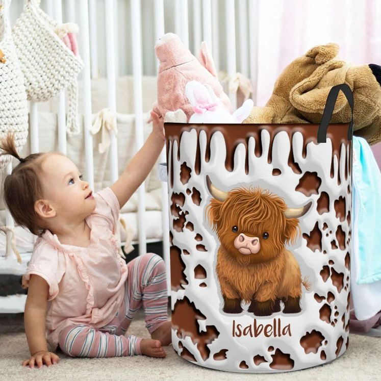 Personalized Cute Highland Cow Waterproof Laundry Storage Basket with Name and Handle Nursery Decor Birthday Housewarming Gift for Kids Family