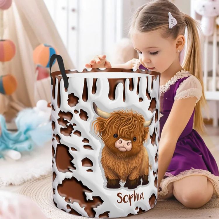 Personalized Cute Highland Cow Waterproof Laundry Storage Basket with Name and Handle Nursery Decor Birthday Housewarming Gift for Kids Family