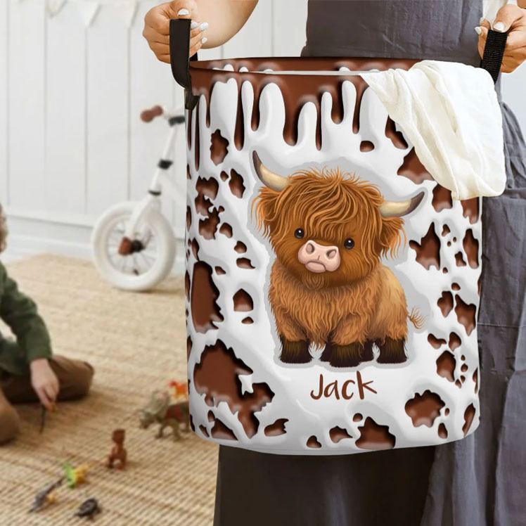 Personalized Cute Highland Cow Waterproof Laundry Storage Basket with Name and Handle Nursery Decor Birthday Housewarming Gift for Kids Family
