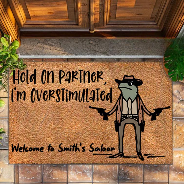 Personalized Western Humor Doormat with Custom Saloon Message and Cowboy Frog Illustration Perfect for Fun Welcomes House Doormat Coir Mat