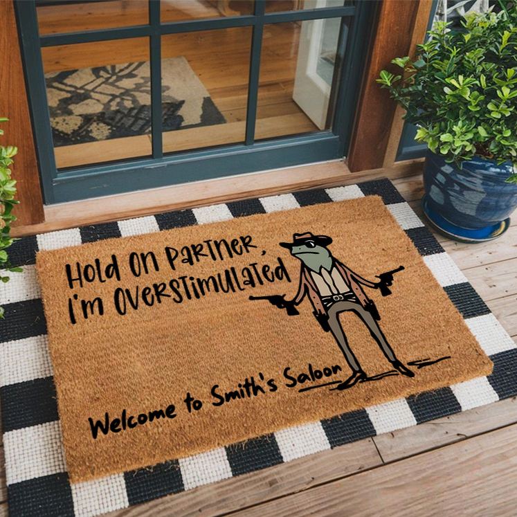Personalized Western Humor Doormat with Custom Saloon Message and Cowboy Frog Illustration Perfect for Fun Welcomes House Doormat Coir Mat