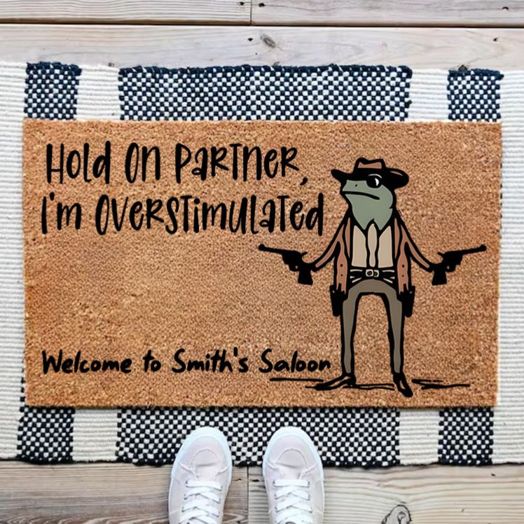 Personalized Western Humor Doormat with Custom Saloon Message and Cowboy Frog Illustration Perfect for Fun Welcomes House Doormat Coir Mat