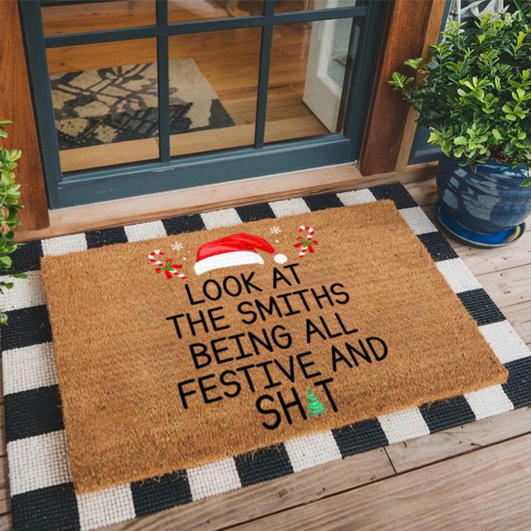 Personalized Holiday Humor Doormat with Custom Family Name and Festive Santa Hat Design Perfect for Welcoming Guests House Doormat Coir Mat