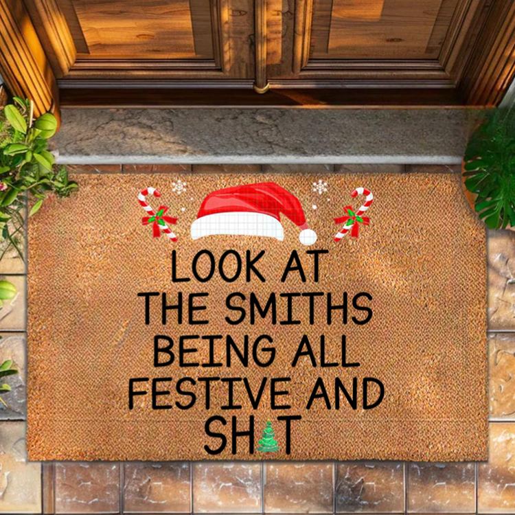 Personalized Holiday Humor Doormat with Custom Family Name and Festive Santa Hat Design Perfect for Welcoming Guests House Doormat Coir Mat