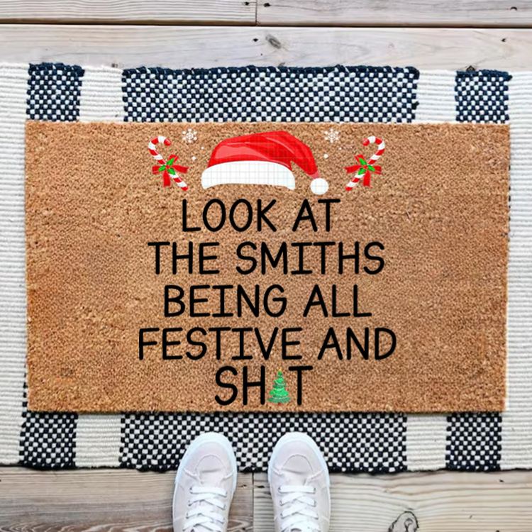 Personalized Holiday Humor Doormat with Custom Family Name and Festive Santa Hat Design Perfect for Welcoming Guests House Doormat Coir Mat