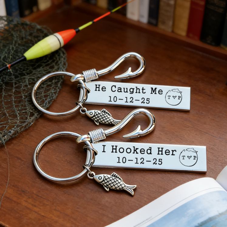 Personalized Fishing Keychain He Caught Me and I Hooked Her Design Custom Time and Initials Romantic Gift for Couples and Fishing Lovers