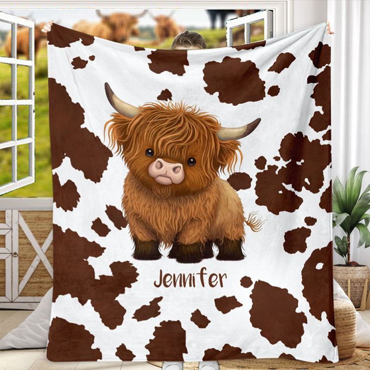 Personalized Highland Cow Blanket with Custom Name and Cute Farm Animal Design Perfect for Cozy Comfort Blanket