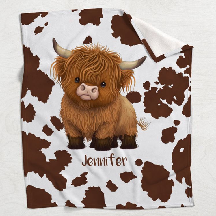 Personalized Highland Cow Blanket with Custom Name and Cute Farm Animal Design Perfect for Cozy Comfort Blanket
