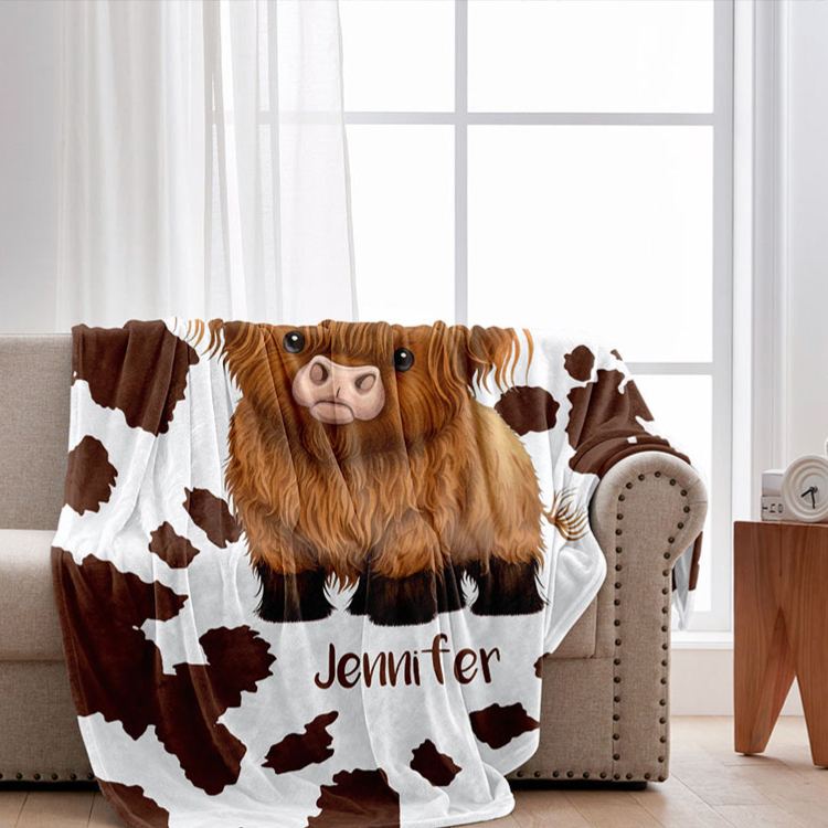 Personalized Highland Cow Blanket with Custom Name and Cute Farm Animal Design Perfect for Cozy Comfort Blanket