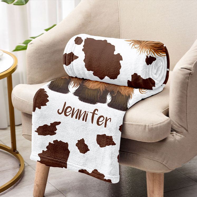 Personalized Highland Cow Blanket with Custom Name and Cute Farm Animal Design Perfect for Cozy Comfort Blanket