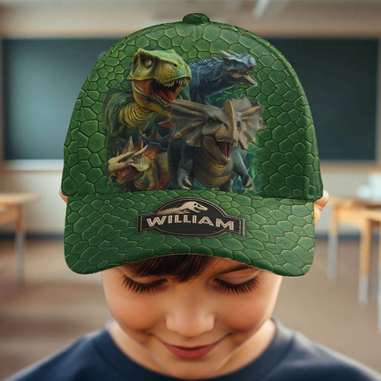 Personalized Dinosaur Adventure Cap with Custom Name and Realistic Prehistoric Design Perfect for Young Explorers Kid Classic Cap