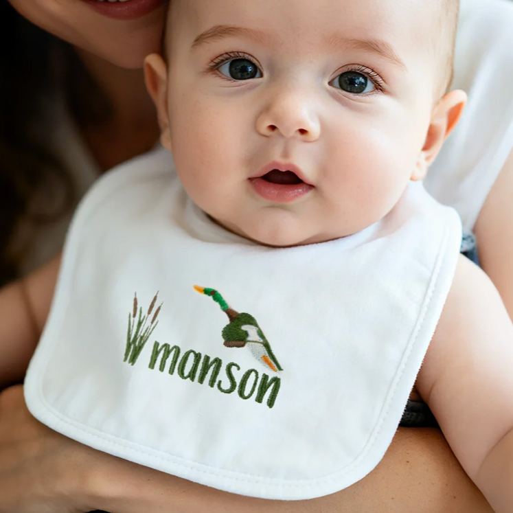 Personalized Embroidered Mallard Duck Reed Soft 100% Cotton Baby Bib with Name Feeding Accessory Baby Shower Welcome Christmas Gift for Baby Kid