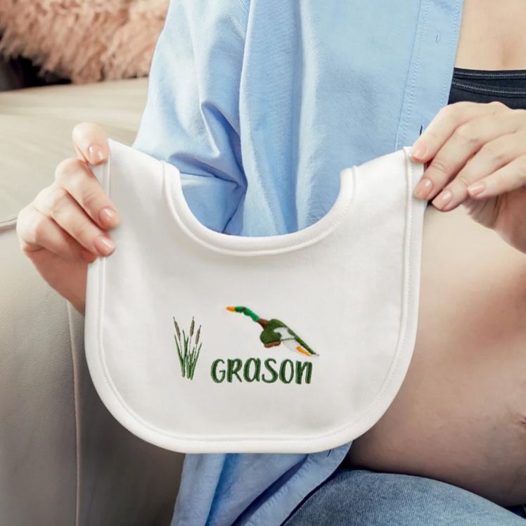 Personalized Embroidered Mallard Duck Reed Soft 100% Cotton Baby Bib with Name Feeding Accessory Baby Shower Welcome Christmas Gift for Baby Kid