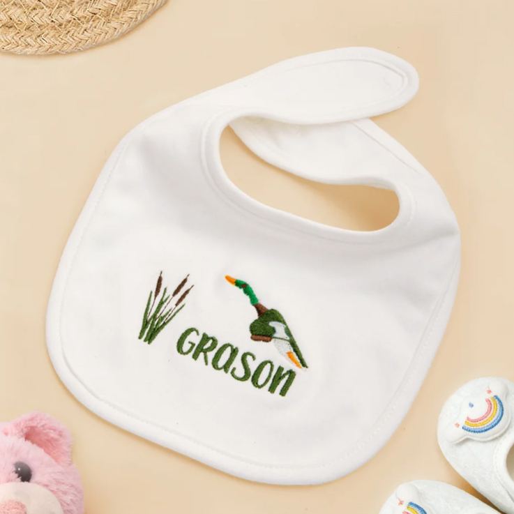 Personalized Embroidered Mallard Duck Reed Soft 100% Cotton Baby Bib with Name Feeding Accessory Baby Shower Welcome Christmas Gift for Baby Kid
