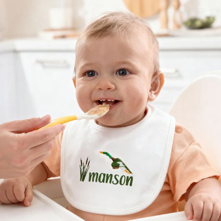 Personalized Embroidered Mallard Duck Reed Soft 100% Cotton Baby Bib with Name Feeding Accessory Baby Shower Welcome Christmas Gift for Baby Kid