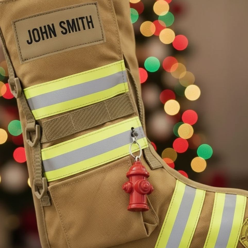 Personalized Firefighter Quilted Christmas Stocking with Reflective Stripes and Accessories