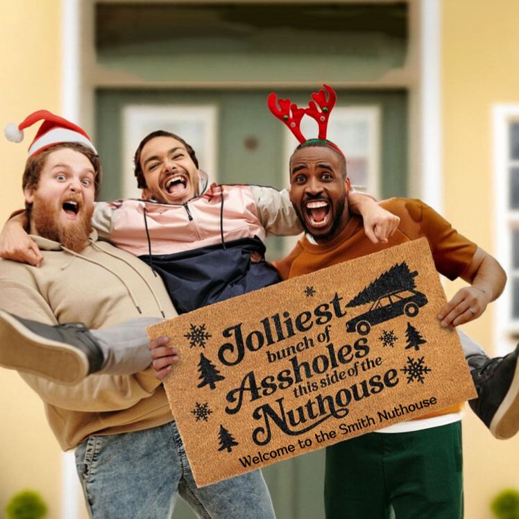 Personalized Humorous Holiday Welcome Mat with Festive Text and Playful Imagery Perfect for Any House Doormat Coir Mat Entryway Decor