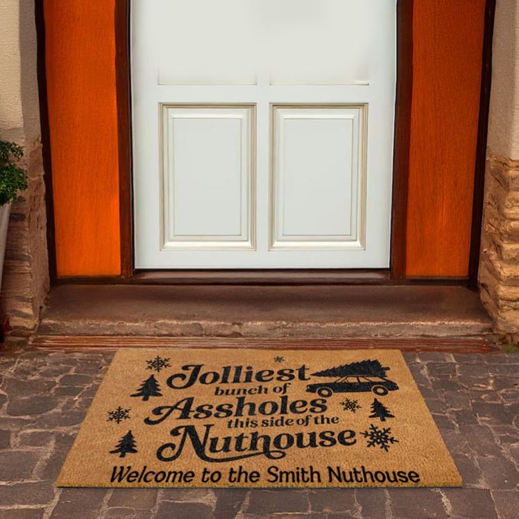 Personalized Humorous Holiday Welcome Mat with Festive Text and Playful Imagery Perfect for Any House Doormat Coir Mat Entryway Decor