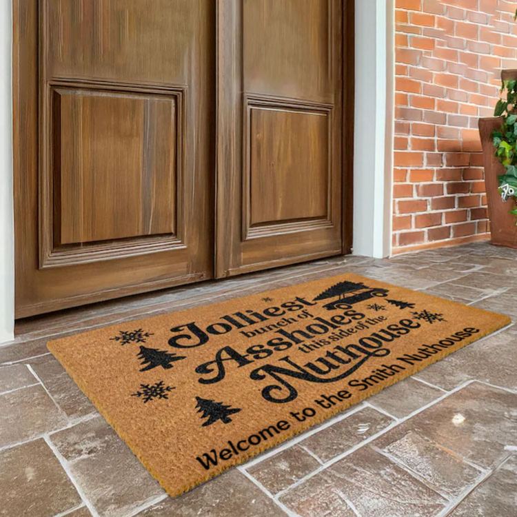 Personalized Humorous Holiday Welcome Mat with Festive Text and Playful Imagery Perfect for Any House Doormat Coir Mat Entryway Decor