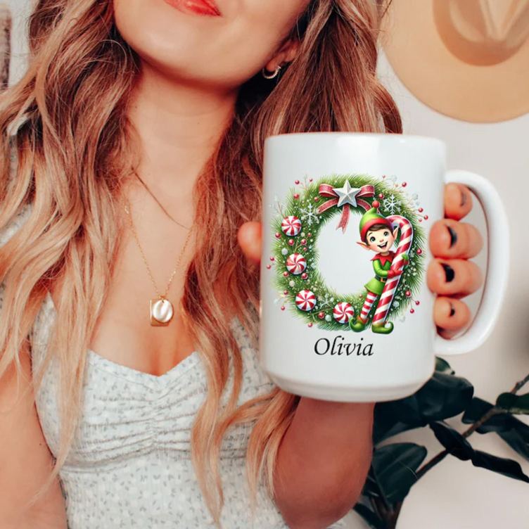 Personalized Festive Initial Mug with Holiday Decorations and Custom Name for Cheerful and Unique Gift Mug
