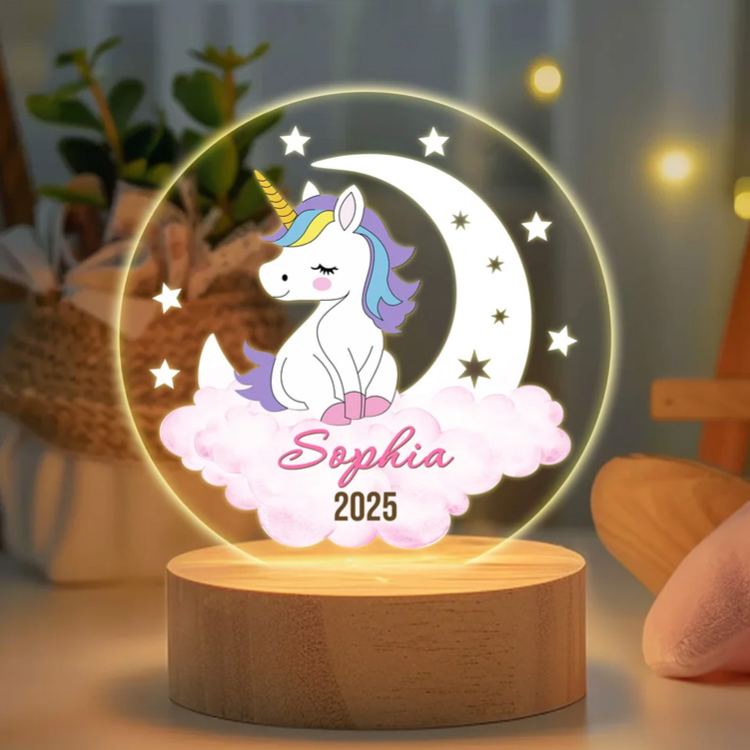 Personalized Dreamy Moon Forest Animal LED Night Light with Name Text and Wooden Base Nursery Room Decor Birthday Baby Shower Gift for Baby Kid