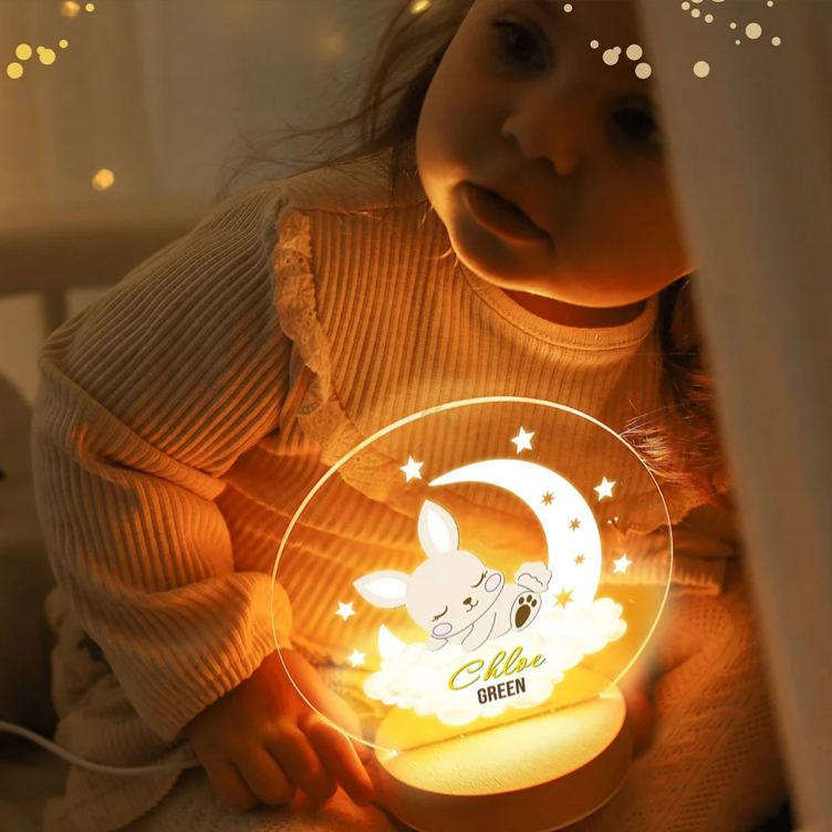 Personalized Dreamy Moon Forest Animal LED Night Light with Name Text and Wooden Base Nursery Room Decor Birthday Baby Shower Gift for Baby Kid