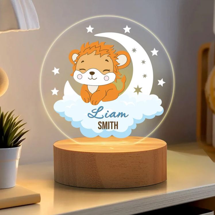 Personalized Dreamy Moon Forest Animal LED Night Light with Name Text and Wooden Base Nursery Room Decor Birthday Baby Shower Gift for Baby Kid