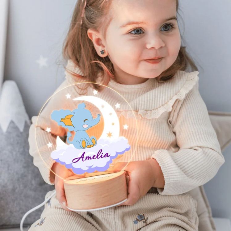 Personalized Dreamy Moon Forest Animal LED Night Light with Name Text and Wooden Base Nursery Room Decor Birthday Baby Shower Gift for Baby Kid