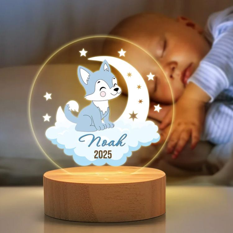 Personalized Dreamy Moon Forest Animal LED Night Light with Name Text and Wooden Base Nursery Room Decor Birthday Baby Shower Gift for Baby Kid