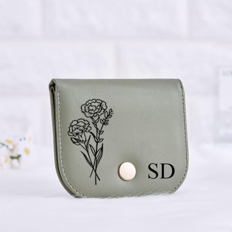 Personalized Minimalist Sage Wallet with Elegant Floral Line Art and Initials for Sophisticated Everyday Use Wallet