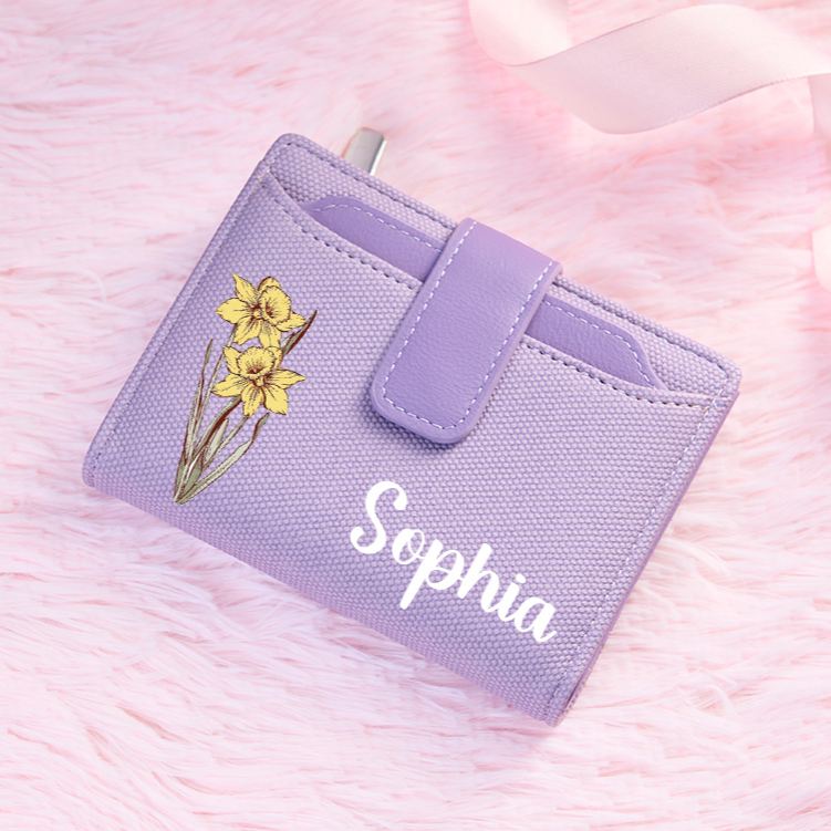 Personalized Chic Lavender Wallet with Delicate Floral Accents and Custom Name for Elegant Everyday Use Wallet