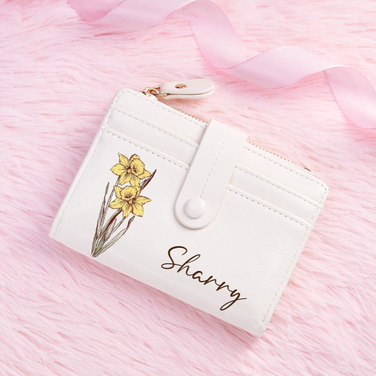 Personalized Floral Elegance Wallet with Delicate Blossom Illustration and Custom Name for Graceful Style Wallet