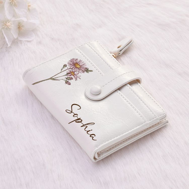 Personalized Floral Elegance Wallet with Delicate Blossom Illustration and Custom Name for Graceful Style Wallet