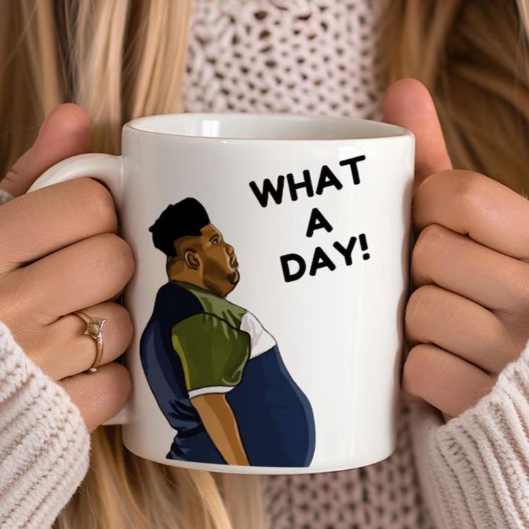 Personalized Humorous Daily Grind Mug with Playful Character Illustration and Lighthearted What a Day Message Mug