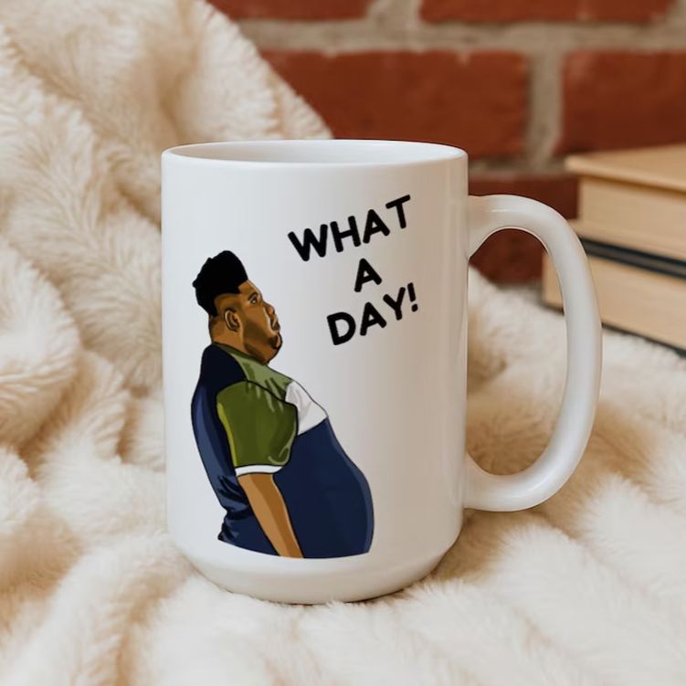 Personalized Humorous Daily Grind Mug with Playful Character Illustration and Lighthearted What a Day Message Mug