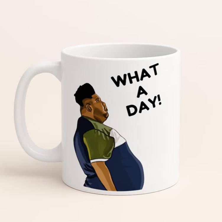 Personalized Humorous Daily Grind Mug with Playful Character Illustration and Lighthearted What a Day Message Mug
