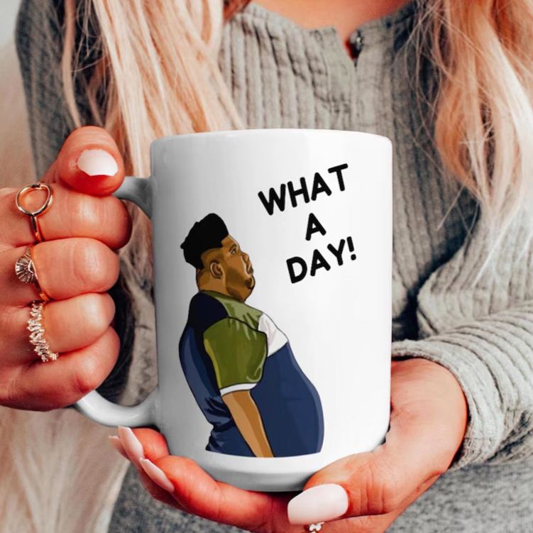 Personalized Humorous Daily Grind Mug with Playful Character Illustration and Lighthearted What a Day Message Mug